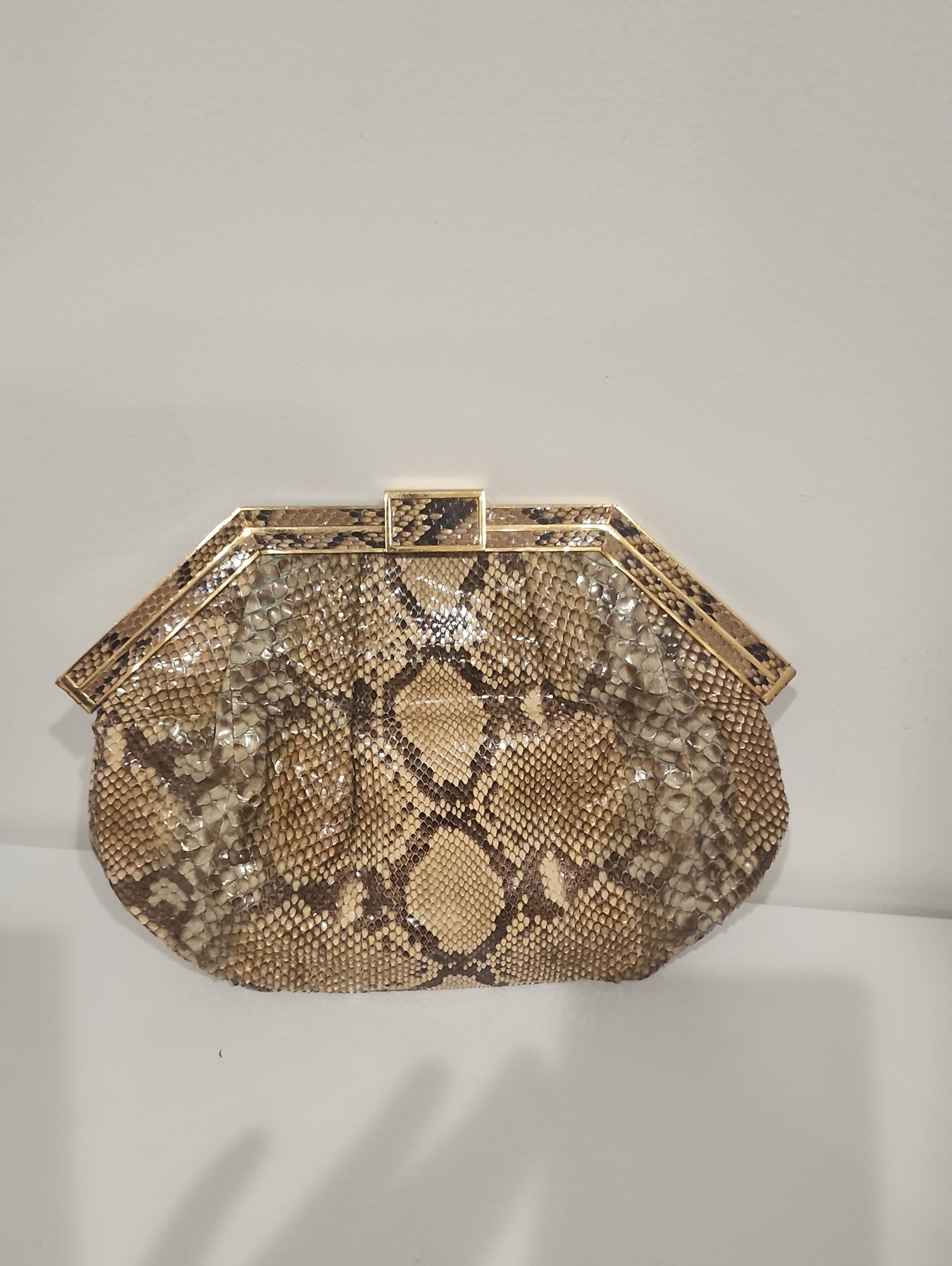 Gold-Trim Snake-Print Evening Clutch In Tan (Vintage Colombetti Milano)